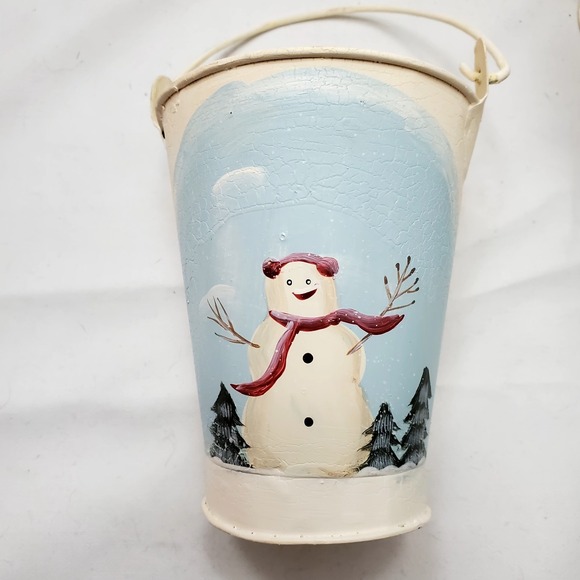 Set Of 4 Snowman Pails ● Christmas Winter Decor ● Painted ● Textured & Crackled - Picture 2 of 6